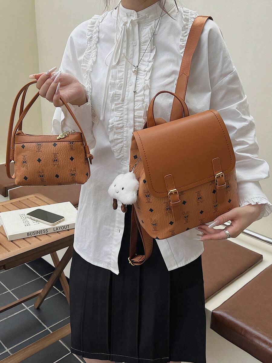 女士 PU 皮革兔子印花翻盖背包 + 单肩包套装（含毛绒钥匙扣），时尚实用的通勤包