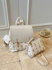 女士 PU 皮革兔子印花翻盖背包 + 单肩包套装（含毛绒钥匙扣），时尚实用的通勤包