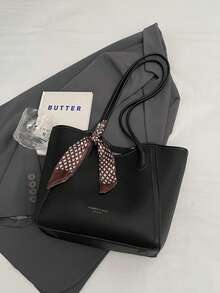 时尚纯色围巾装饰 PU 托特包，大容量通勤复古简约单肩包百搭手提包适合女性 - 黑色 - 查看 5