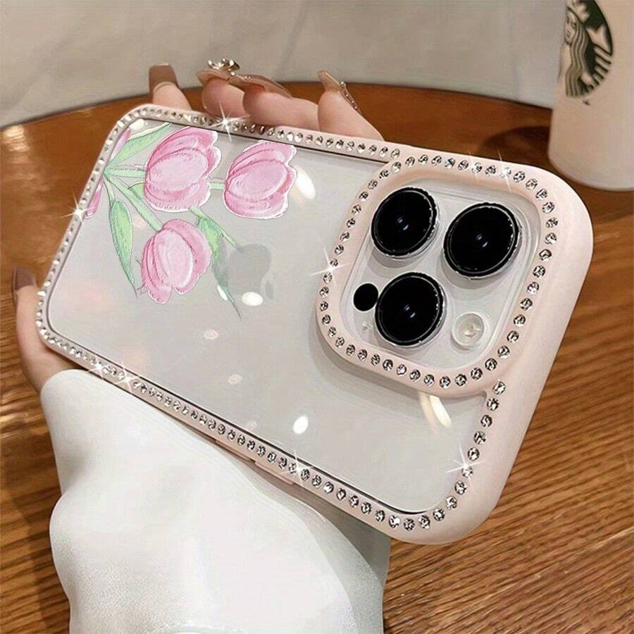 Funda para teléfono 1 unidad, tulipanes rosas, delicada pintura de acuarela, brillante, doble cara | Funda brillante para 11/12/13/14/15/16 pulgadas, funda brillante con brillo profesional y pegatinas de joyas |/ Regalos de cumpleaños para mujer - Rosa - Ver 1