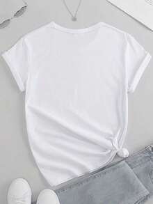 Short Sleeve Round Neck T-Shirt With Cartoon Image Printed On It, Casual And Fashionable Short Sleeve T-Shirt, Micro Elastic, Non-See-Through, Easy To Care For Material, Ideal Daily Wear, Ladies T-Shirt - 白色 - 查看 2