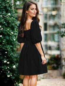 Vestido Corto de Escote Cuadrado con Manga Abullonada Casual para Mujer - Negro - Ver 4