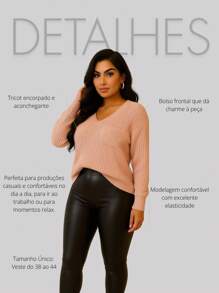 Blusa de Tricot com Decote V e Bolso Terracota  Noite  Diário