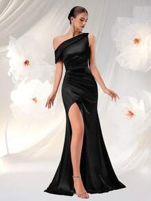 ADYCE 1 件纯色褶饰高腰开衩下摆鸡尾酒会晚礼服、婚礼宾客礼服、正式礼服、长袍 - 黑色 - 查看 4