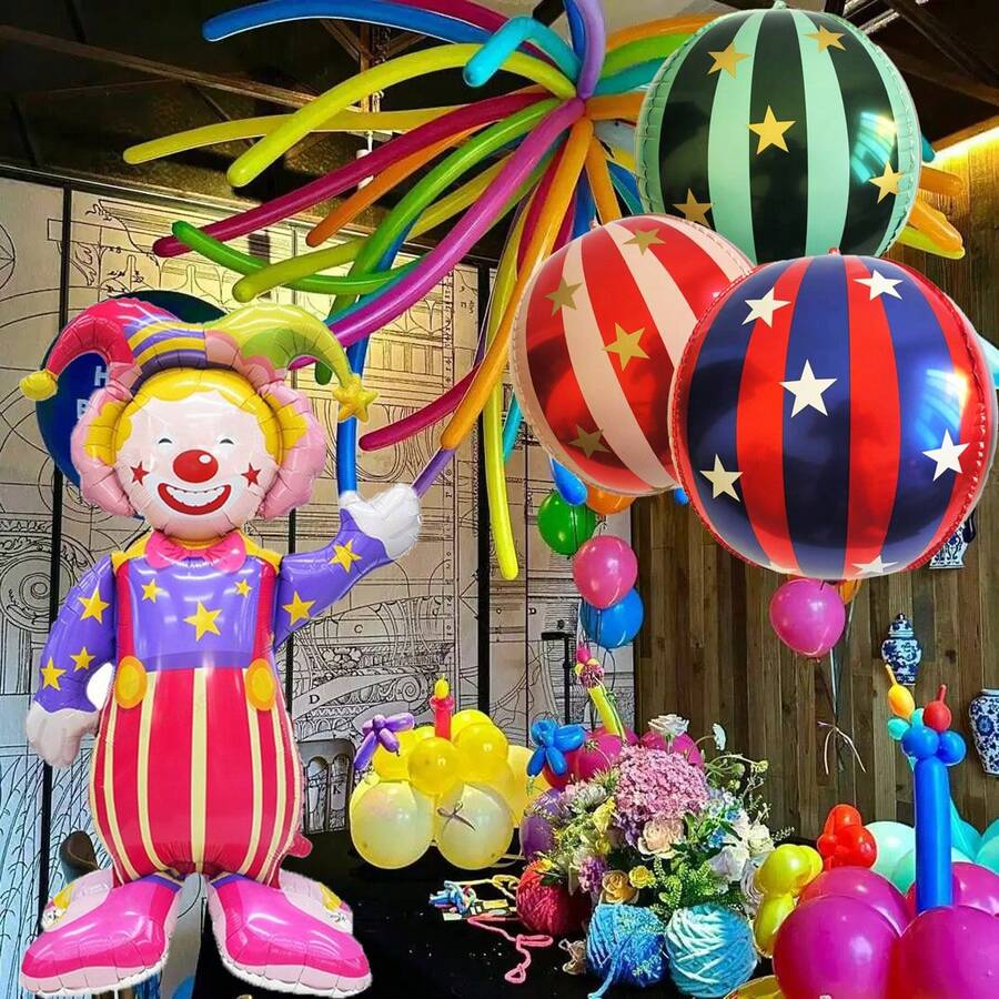 1 pieza Globos de cumpleaños, globos con tema de circo, payasos de pie grandes, planetas a rayas, globos de película de aluminio con animales, decoraciones de escena de cumpleaños, arreglos de escena de fiesta sorpresa, carnavales, productos de decoración navideña - Multicolor - Ver 1