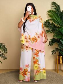 BIUBIU Women's Plus Size Fashionable Solid Color Elegant Stand Up Collar Fashionable Exquisite Bat Sleeves Tropical Print Asymmetrical Hem Shirt And Straight Leg Elegant Pants Set, Suitable For Casual Vacation, Fashionable Commuting Essential Outfit - White Yellow - View 6