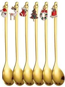 6PCS不锈钢圣诞勺高美咖啡勺甜品勺叉跨境圣诞挂件勺叉手持礼物精美圣诞节咖啡勺水果叉餐具套装 - 彩色 - 查看 13