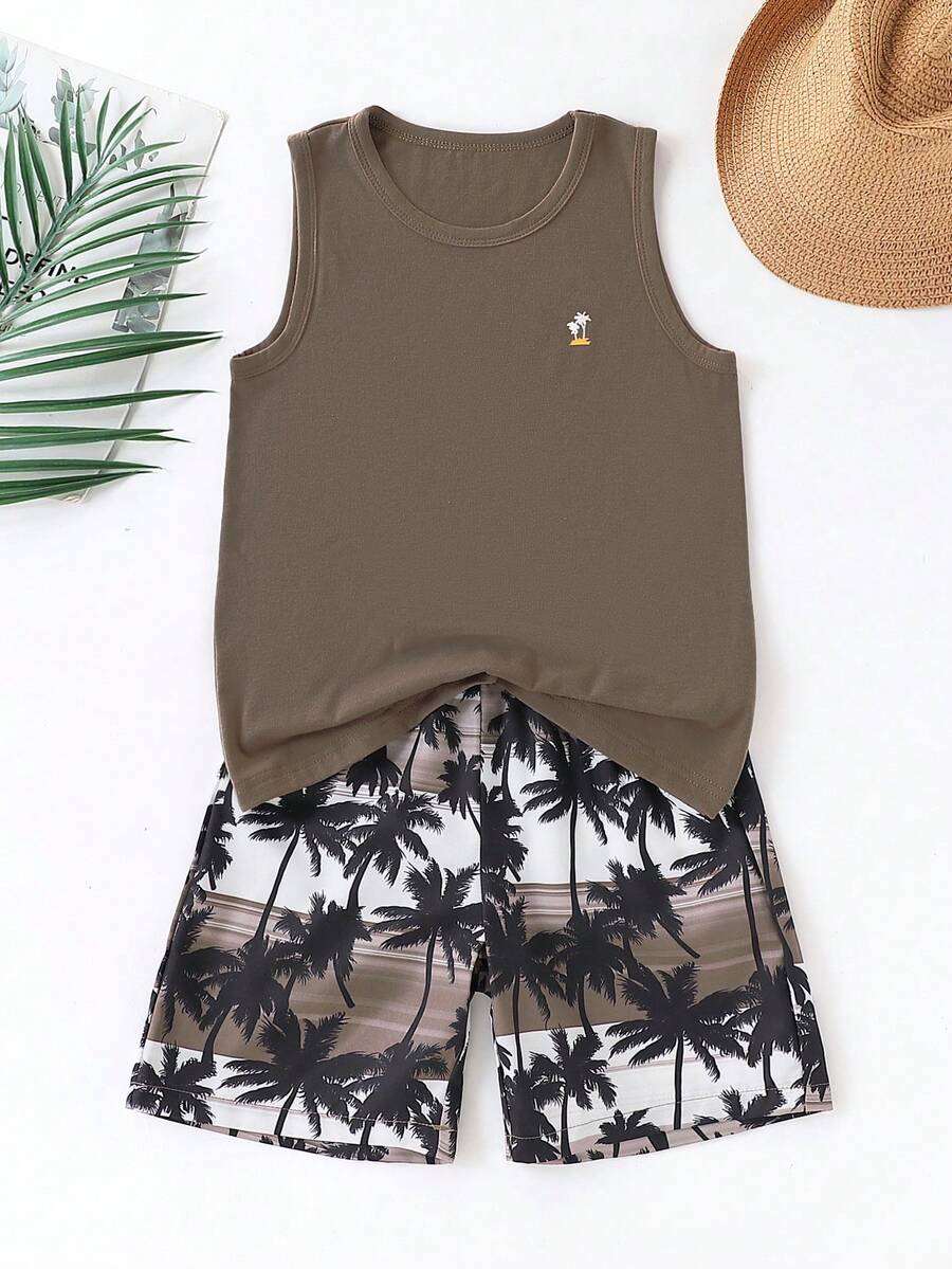 Bộ đồ thường ngày 2 món: Áo phông không tay in hình cây và quần short Hawaii cạp chun cho bé trai