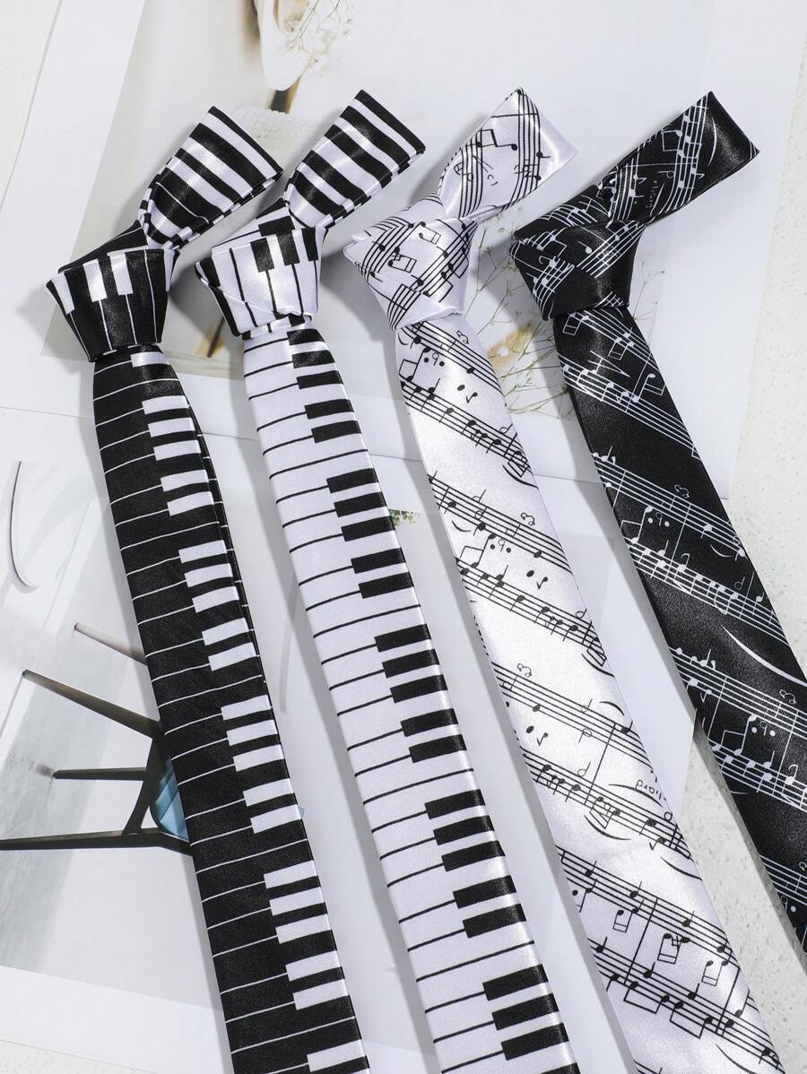 1pc Men Fashionable Exquisite Black & White Piano Key And Musical Stave Necktie, Suitable For Casual, Street, Party Occasions Men Necktie