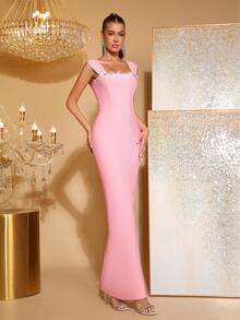 Modphy 全新无袖露背长款绷带裙，镶嵌闪亮钻石装饰，优雅礼服，适合婚礼、派对、正式场合 - 粉色 - 查看 4