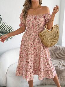 女式休闲节日荷叶边袖抽绳碎花短袖连衣裙，春夏 - 粉色 - 查看 4