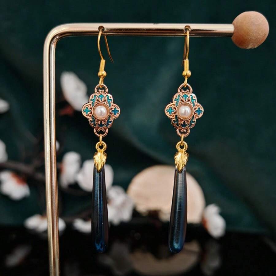 复古新中式风格吊坠耳环，长款垂坠设计，适合夏季派对假日日常佩戴 - 紋菀含珠 - 查看 1