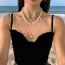 Ocean-Style Beach Shell Necklace, Shell Beads + Starfish Shell Multi-Layer Pendant, Vacation Outfit, Seaside Photo Shoot, Bonfire Party - Gold - View 2