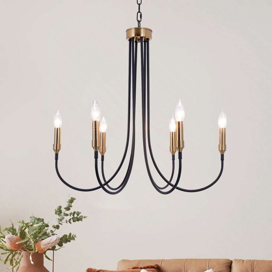 6-Head Black Iron Simple European Style Chandelier E12*6 Suitable For Living Room, Dining Room, Bedroom And Corridor (Without Bulbs) - 黑色 - 查看 1