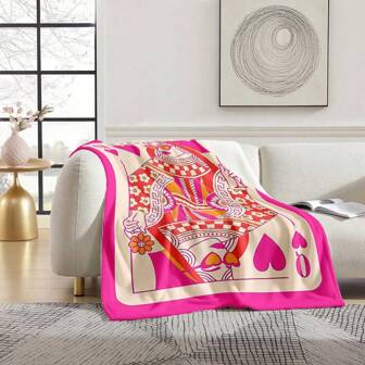 1pc Flannel Blanket Home Supplies, Poker Q Print Blanket, Suitable For Sofa Office Bed Camping Travel, Soft & Warm Blanket, Suitable For All Seasons