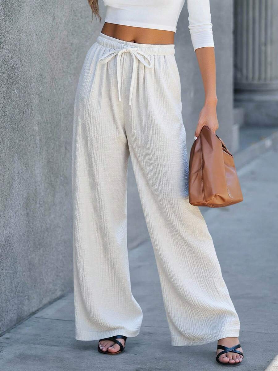 SHEIN LUNE Cotton Loose Texture Wrinkle Fabric Drawstring Waist Long Pants - White - View 1