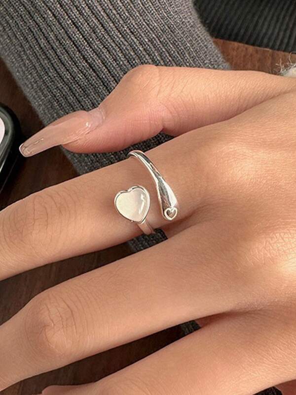 1 pieza Anillo de dedo ajustable de plata esterlina 925 exquisito, elegante, lindo y dulce con jade sintético en forma de corazón, para uso diario, amistad, fiesta y como regalo de joyería para mujeres