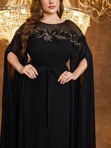SUPGIR Abendkleid für Damen in Große Größen mit rundem Ausschnitt, Pailletten-Taillengürtel und Chiffon - Schwarz - Übersicht 5