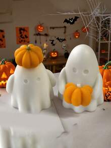 Molde de silicona con diseño lindo de fantasma sosteniendo una calabaza, molde para velas de aromaterapia de interior, decoración artesanal y regalos, molde de yeso y resina - Blanco - Ver 2