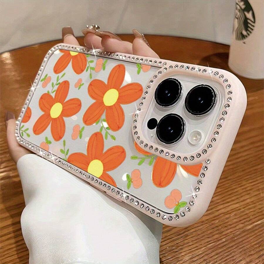Funda para teléfono (1 unidad) Fondo blanco con flores naranjas y purpurina | Funda brillante para phone 11/12/13/14/15/16 - Rosa - Ver 1