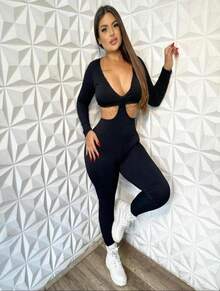 Macacão blogueira manga longa   Simples    Zíper  Bolso - Preto - Visão 1