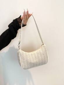 春夏新款编织单肩包腋下法棍包百搭街头逛街小包月牙包度假沙滩编织休闲包上班通勤 - 米色 - 查看 3