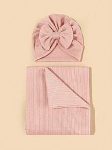 2件套新生儿婴儿襁褓毯和帽子套装，婴儿包巾毯和针织帽套装，适合0-6个月的女婴 - 彩色 - 查看 16