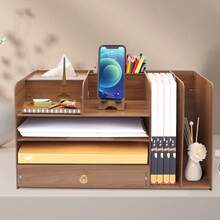 Wooden Desk Organizer 4-Tier - Load Capacity 4kg With Rabbit Phone Holder & Drawer - Cherry Wood Top (48x23x28cm) - 咖啡棕 - 查看 8