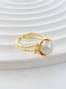 1pc Handmade Baroque Style Irregular Pearl Ring, Silver Vintage Stacking Rings For Women Everyday Wear