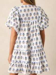 Women Boho Ruffle Sleeve Mini Dress Summer  Floral Print Short Sleeve V Neck Cute Babydoll Loose Flowy Dress - Baby Blue - View 4