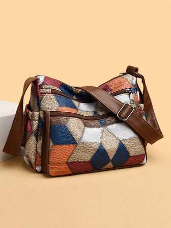Ladies PU Color Checker Retro Large-Capacity Multi-Pocket Commuter Omni-Adjustable Shoulder Strap Messenger Bag