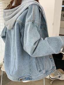 New Women's Retro Vintage Loose Hooded Denim Jacket, Single Breasted Flip Pocket Hooded Sweatshirt, Suitable For Autumn - 藍色 - 查看 2