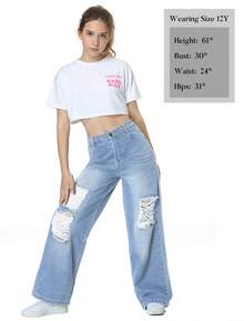 EXARUS Girls Jeans Baggy Pants Wide Leg/Flare/Skinny Denim Ripped High Waisted Teen Clothes Casual Kids 6-14Y - 闊腳藍5號色 - 查看 5