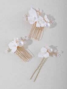 3件套手工粘土花朵及仿珍珠串珠发夹，优雅配饰，适合婚礼、日常佩戴、派对及情人节等场合。 - 金色 - 查看 2