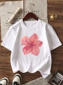 1pc Girls' Casual Printed Round Neck Short Sleeve T-Shirt, Summer Student Youth Apparel - Artistic Style T-Shirt Inspires Imagination And Self-Expression - White - View 1