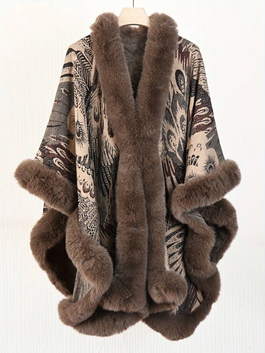 Xale Poncho Tricotado com Design de Pena de Pavão Elegante, Novo, Quente, Confortável e Respirável, Xale Grosso Vintage para Outono/Inverno, Combinado com Borda de Pele Sintética Macia para Vestido