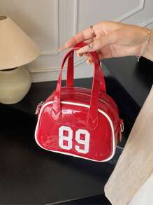 时尚新款女士手提保龄球包，简约别致的数字印花纯色 PU 涂层，带有金属装饰，底部铆钉装饰，双拉链开口，轻巧宽敞，适合旅行、购物、约会