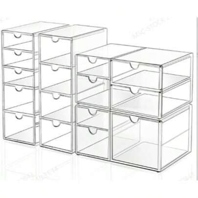  TAIMASI Makeup Drawer Storage Organizer With 16 Drawers, 4 Set Acrylic Office Desk Organization And Storage, Dustproof Drawer Organizer For Office, Countertop, Bathroom, Bedroom Back To School Dormitory Storage