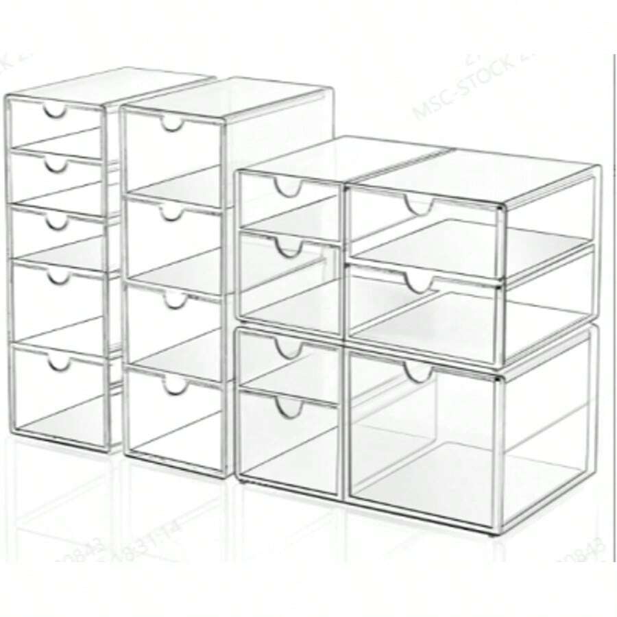 Organizador de cajones de maquillaje TAIMASI con 16 cajones, 4 sets de organización y almacenamiento de escritorio de oficina de acrílico, organizador de cajones a prueba de polvo para oficina, encimera, baño, dormitorio, almacenamiento para volver a la escuela - transparente - Ver 1