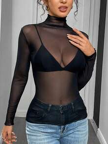 Europe And The United States Ladies Solid Color Sexy Ultra-Thin Mesh Stretch Tight Long-Sleeved Semi-Transparent Bottoming Shirt