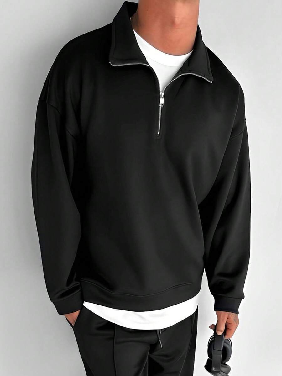 半拉链运动衫男士 Old Money 男士加厚上衣，秋冬 - 黑色 - 查看 1