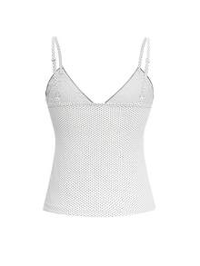 Outfit estivo da spiaggia per donne stile Y2K per San Valentino e ritorno a scuola, top lavorato a maglia bianco con scollo a V, decorazione fiocco e stampa a pois sexy - Bianco - Visualizzare 4