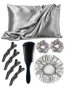 9件套缎面睡眠套装 | 比丝绸更柔软的枕套和眼罩套装 - 包括1个缎面枕套、1个缎面睡帽、2个缎面发圈、4个发夹和1把头发柔顺梳 - 彩色 - 查看 18