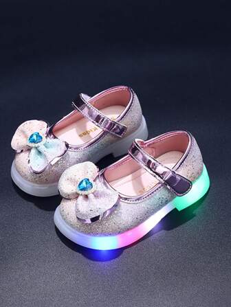 MGO Kidss MGO 儿童粉色彩虹蝴蝶结女童发光水晶鞋发光平底公主鞋适合1-3-6岁幼儿女孩
