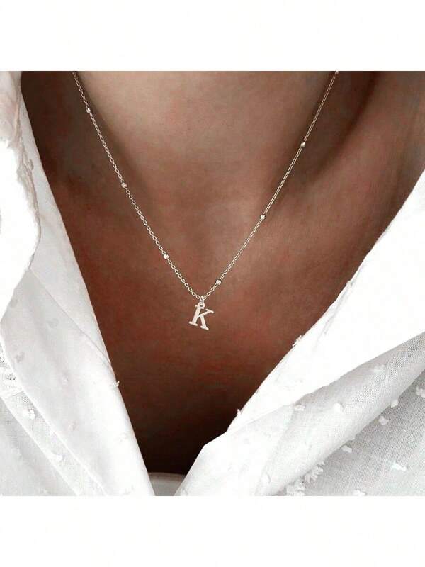 1 pieza Collar con colgante de inicial clásica, cadena de cuentas de acero inoxidable color plata para mujer