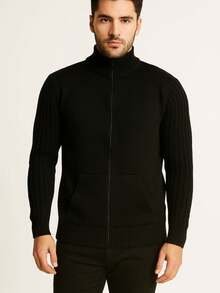 Men's Long Sleeve Jacket With Zipper And Pocket High Neck Autumn/Winter Cold Weather Blouse - Blue - View 2