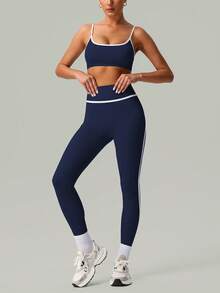 2 PCS CO Ord Set Spring And Summer Women Fashion White Line Yoga Sports Bra And Leggings - Navy Blue - View 5
