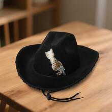 Womens Cowgirl Hat Cute Sequin Cat Western Style Black Pearl Wide Brim Fedora Hat With Adjustable Strap - Black - View 6