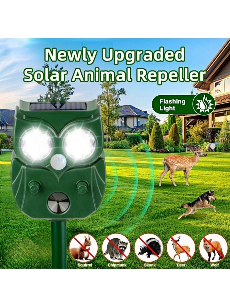 1件装户外太阳能驱虫器，超声波驱虫器，带运动传感器，远距离，太阳能/USB双充电。有效驱除啮齿动物、臭鼬、狐狸、兔子、猫头鹰、浣熊等害虫。当动物靠近时，会发出强大的超声波和灯光，将它们驱离您的院子或花园。