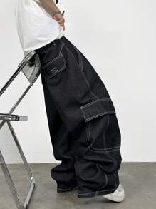 1 Stück amerikanischer Streetwear Stil Patchwork Herren Weite Bein Jeans, lässige weite lange Hose für Ausflüge (ohne Gürtel & Zubehör)